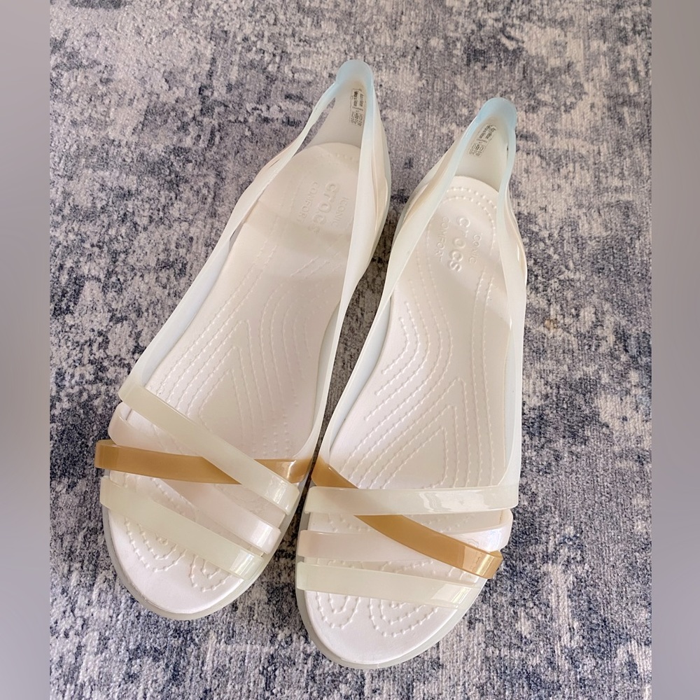 SALE! VGUC! CROCS Slip On Sandals. Clear and Tan, Size 7.
